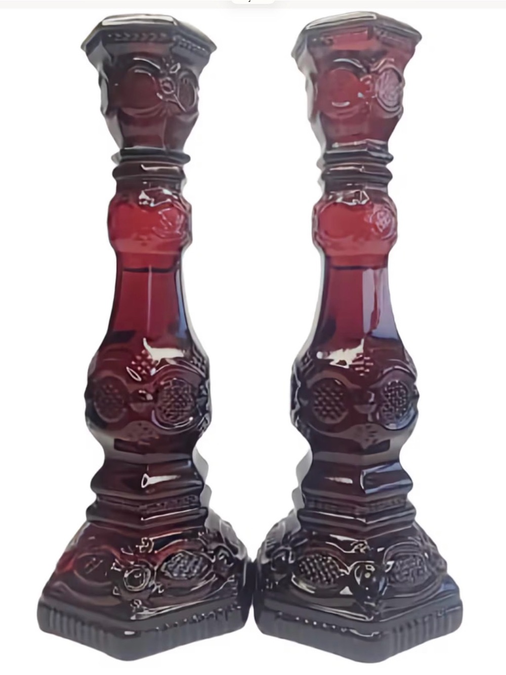 Vintage Avon Cape Cod Ruby Red Glass Hexagonal Candlestick Holders